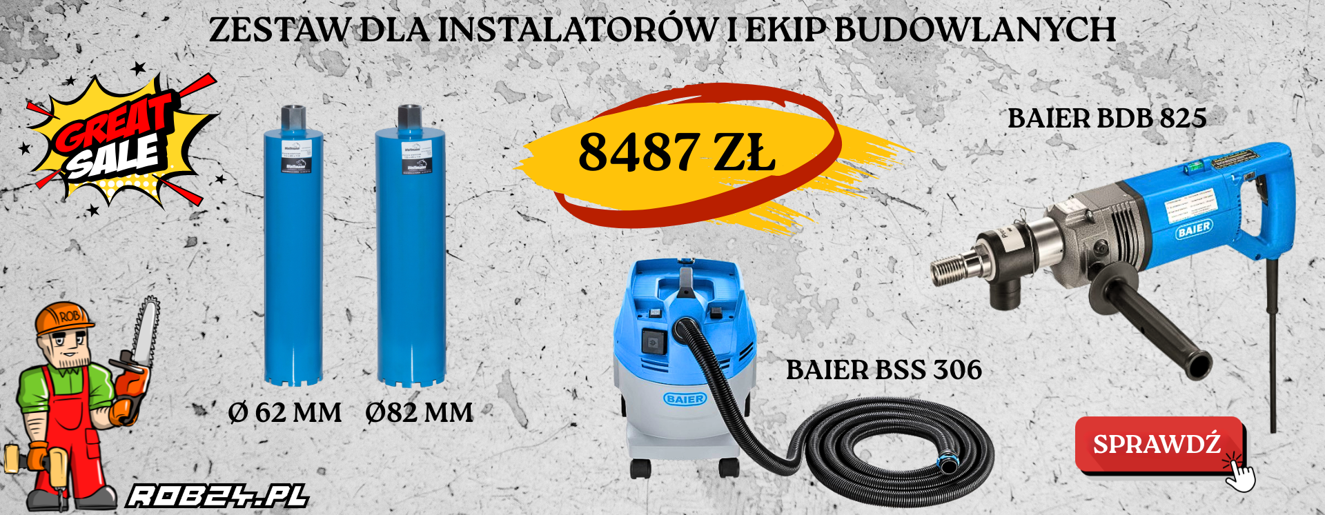 Promocja Baier, Odkurzacz BSS 306 + Wiertnica Baier BDB 825 + koronka fi 82 i 62 / ZESTAW DLA INSTALATORÓW I EKIP BUDOWLANYCH 