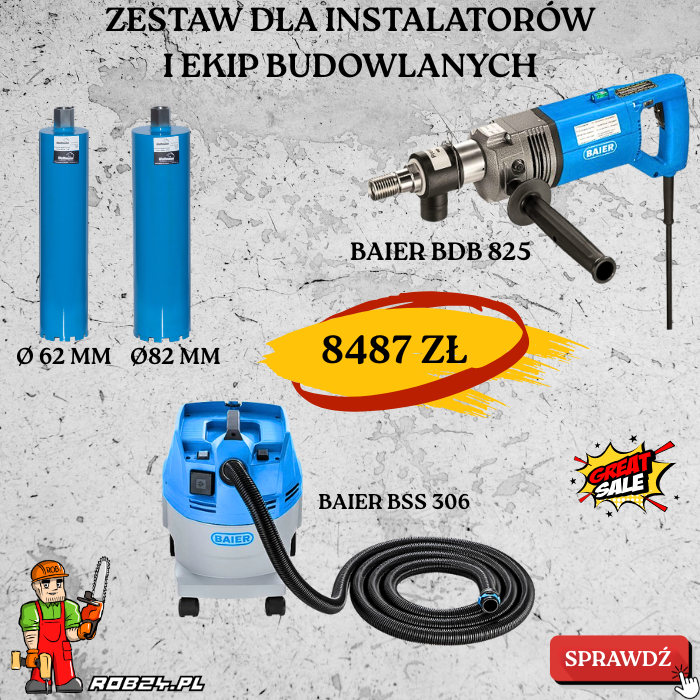 Promocja Baier, Odkurzacz BSS 306 + Wiertnica Baier BDB 825 + koronka fi 82 i 62 / ZESTAW DLA INSTALATORÓW I EKIP BUDOWLANYCH